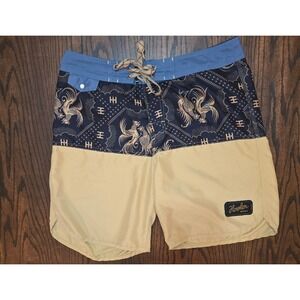 Howler Bros Men Rooster Print Board Shorts Size 33 Tan Blue swim trunks shorts